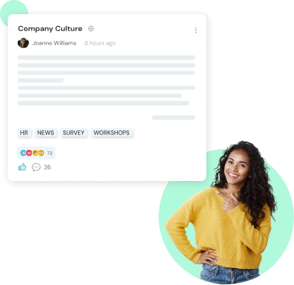 A woman smiling and pointing to an example of a Lorino post, which shows the main elements: topic, content, comments, and reactions. Above that is the main navigation within the app: Notices, Feed, and Favorites.
